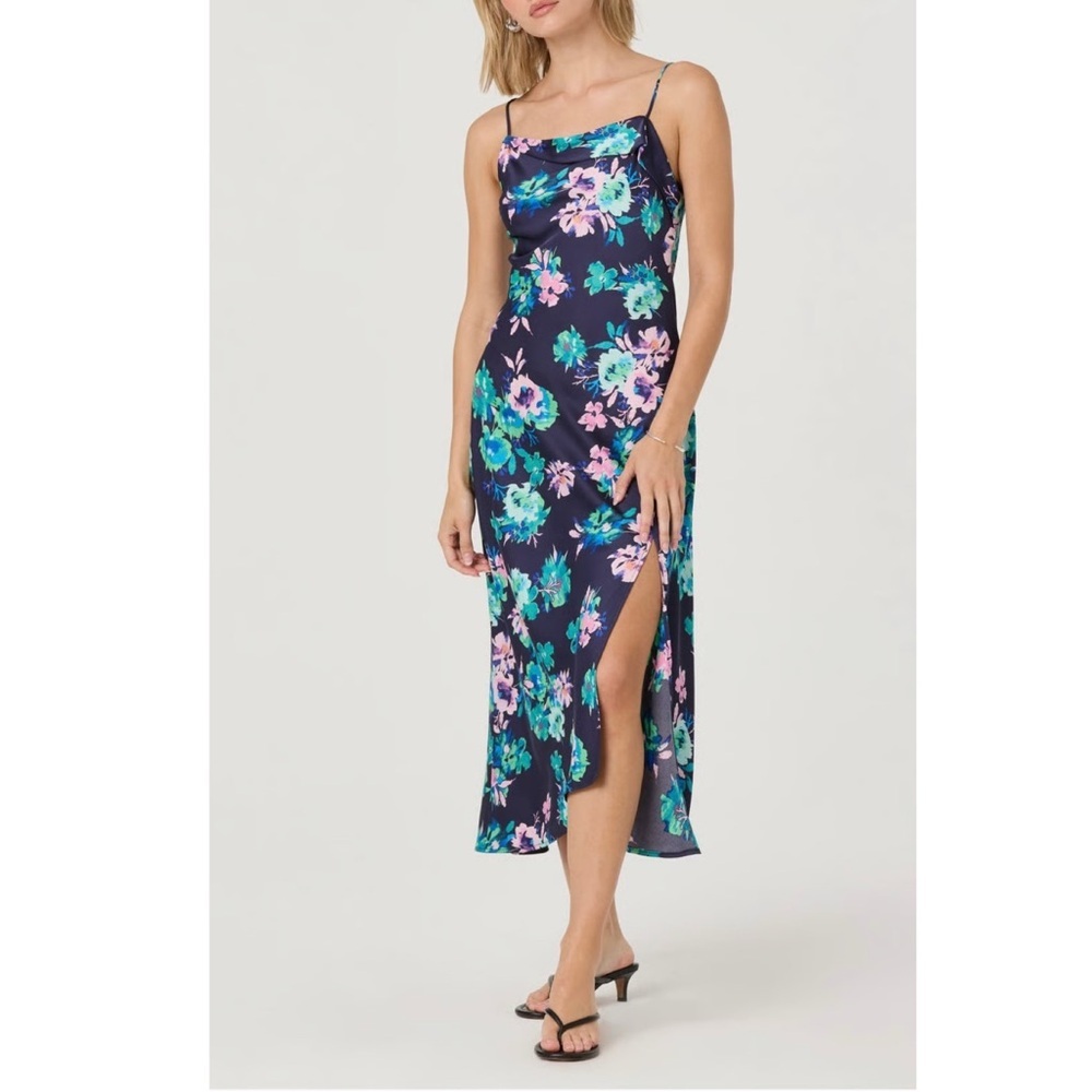 NEW ASTR The Label Satin Floral Cowl Neck Midi Dress Blue Midnight